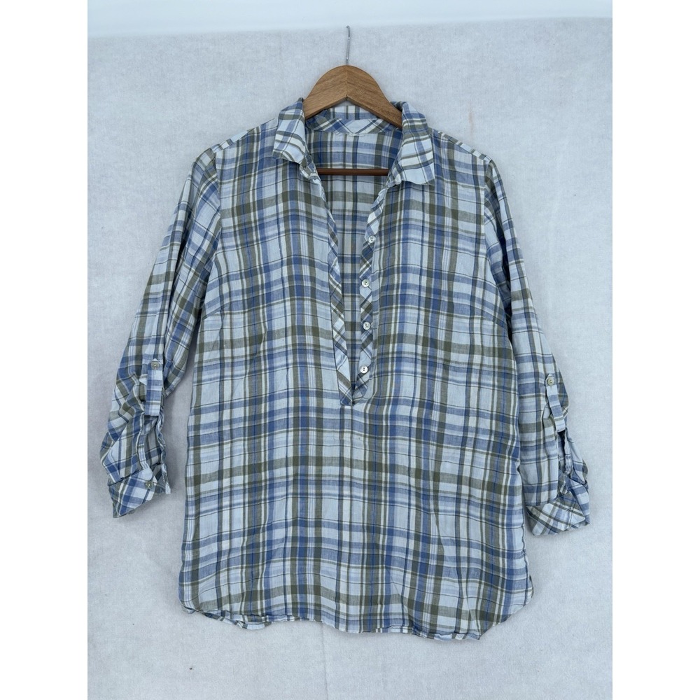 J Jill Love Linen Button Up Plaid Popover Tunic Shirt L 💯 Linen Roll Tab Sleeve - Picture 2 of 14